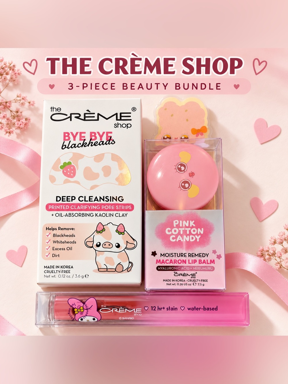 The Crème Shop 3-Piece Beauty Bundle | My Melody Lip Stain, Balm & Pore Strips